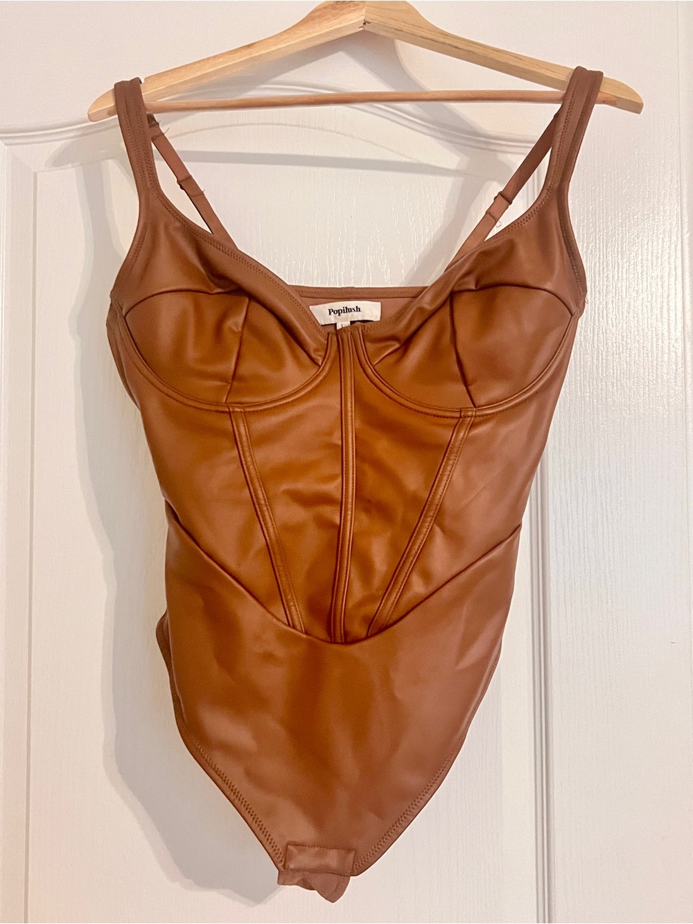 Popilush Brown Faux Leather Shapewear Bodysuit - L
